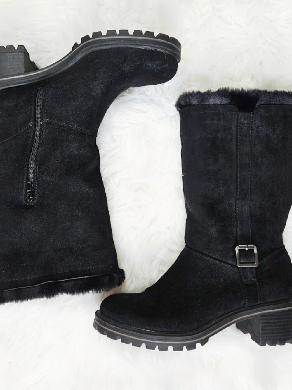 Kelly & Katie Black Faux Suede Boots Riding Stacked Heel Fur Lined Shoes Size 10